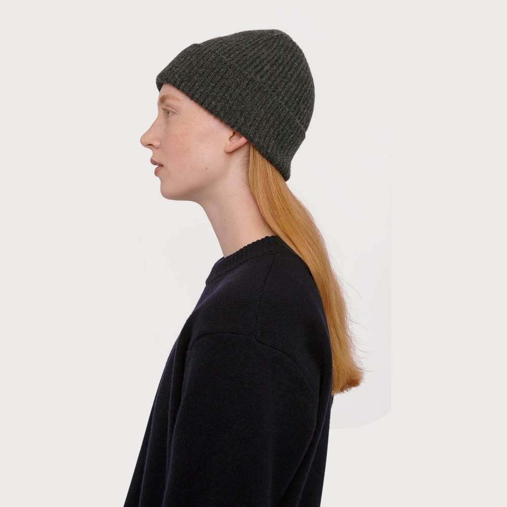 EUC Organic Basics Recycled Wool Rib Scarf and Beanie Set- Charcoal Melange, OS